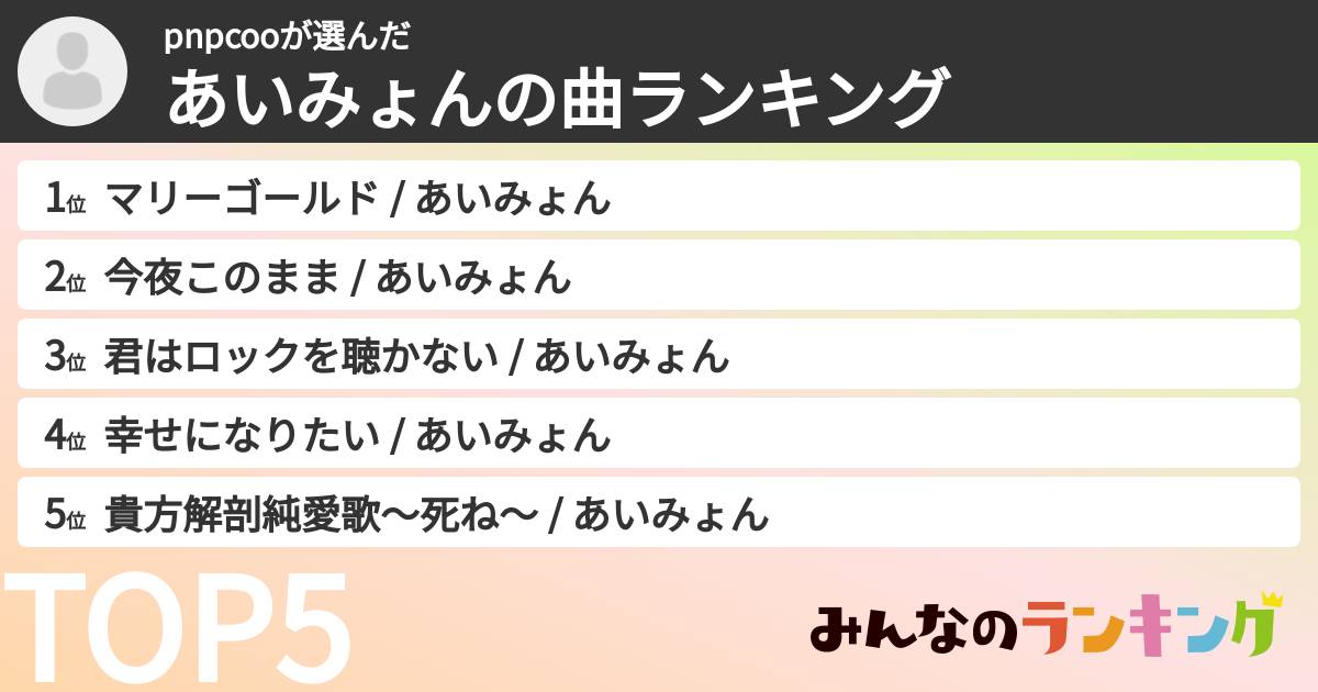 pnpcooさんの「あいみょんの曲ランキング」