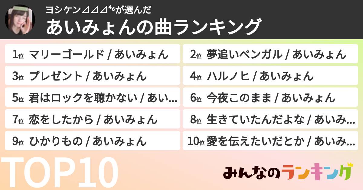 ヨシケン⊿⊿⊿⁴⁶さんの「あいみょんの曲ランキング」