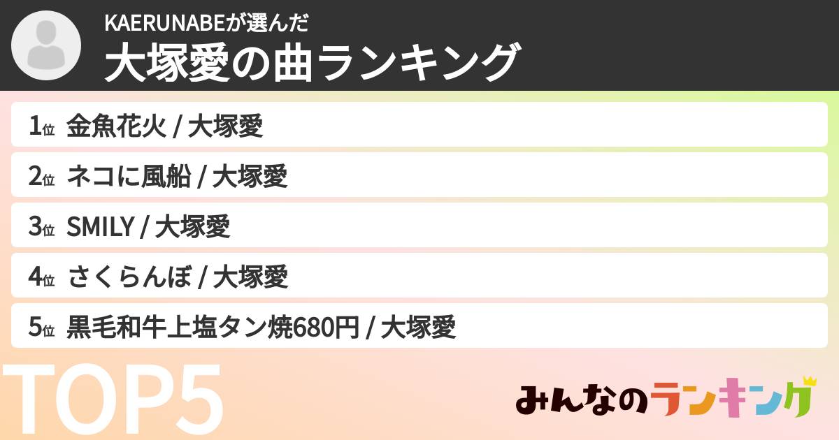 KAERUNABEさんの「大塚愛の曲ランキング」