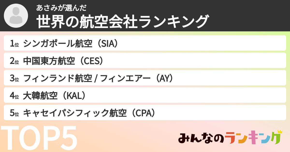 あさみさんの「世界の航空会社ランキング」