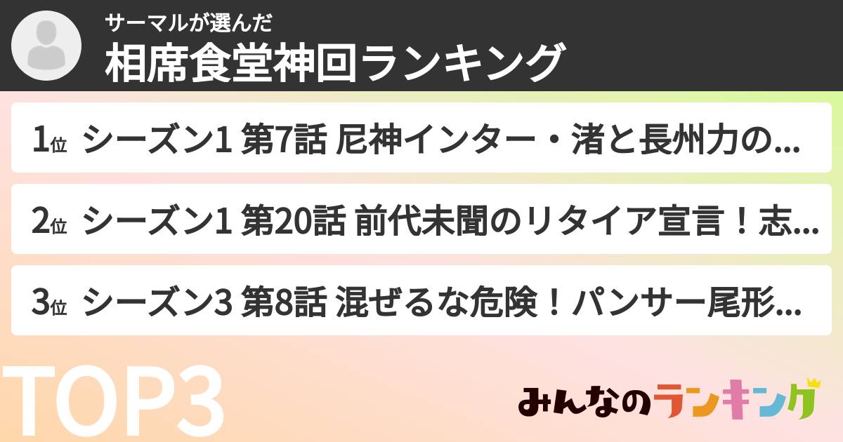 サーマルさんの「相席食堂神回ランキング」