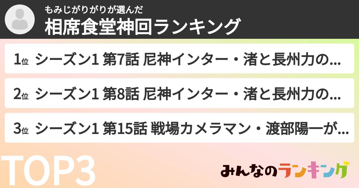 もみじがりがりさんの「相席食堂神回ランキング」