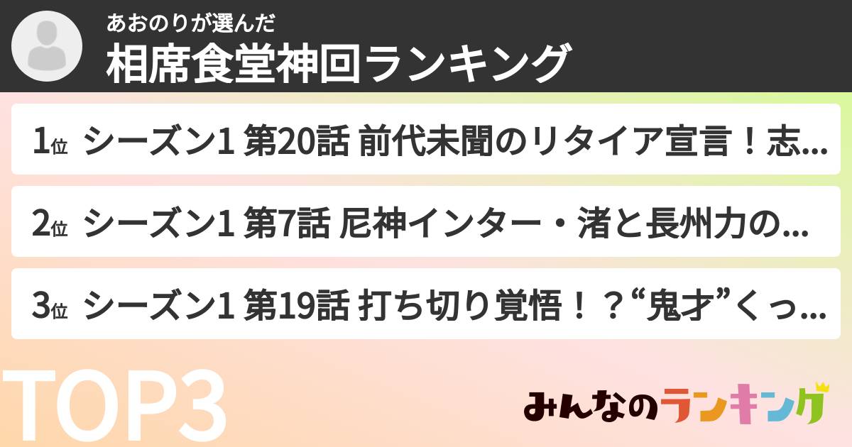 あおのりさんの「相席食堂神回ランキング」
