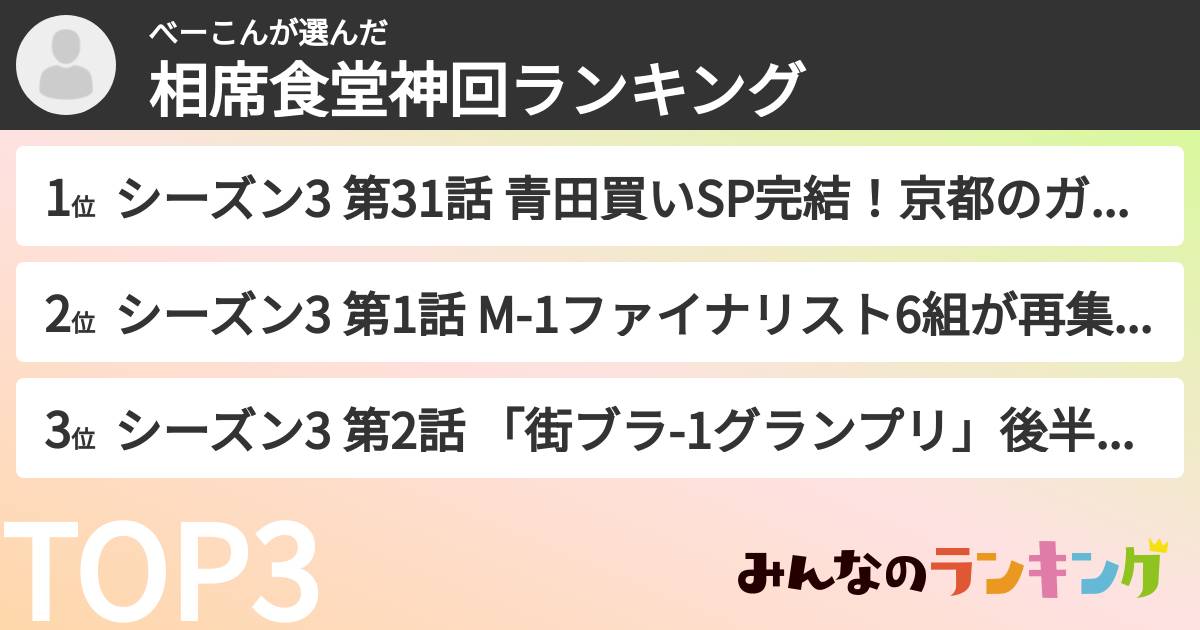べーこんさんの「相席食堂神回ランキング」