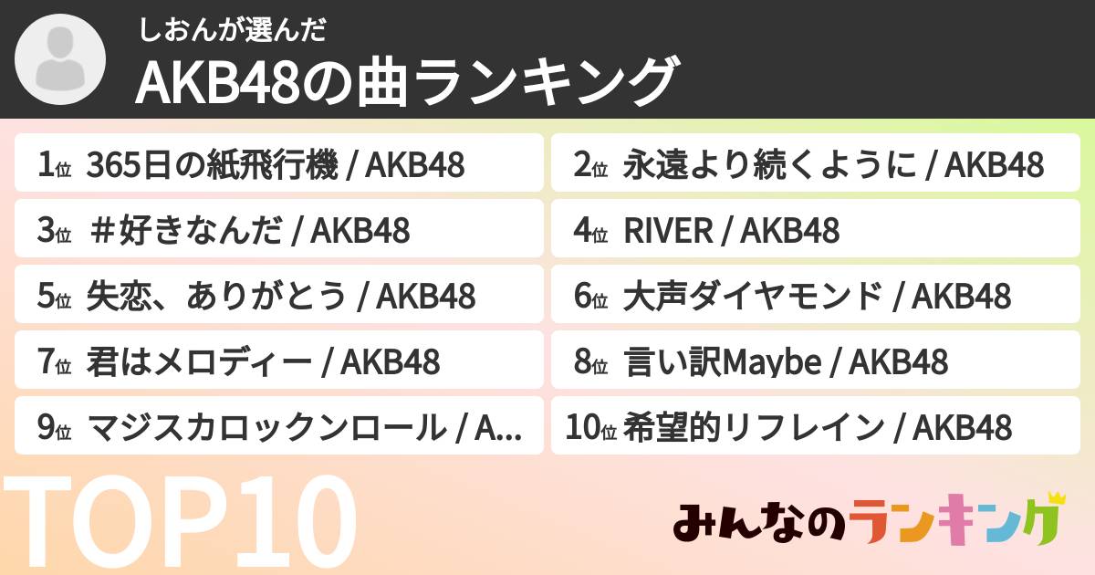 しおんさんの「AKB48の曲ランキング」