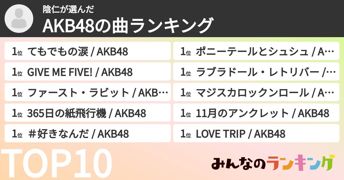 陰仁さんの「AKB48の曲ランキング」