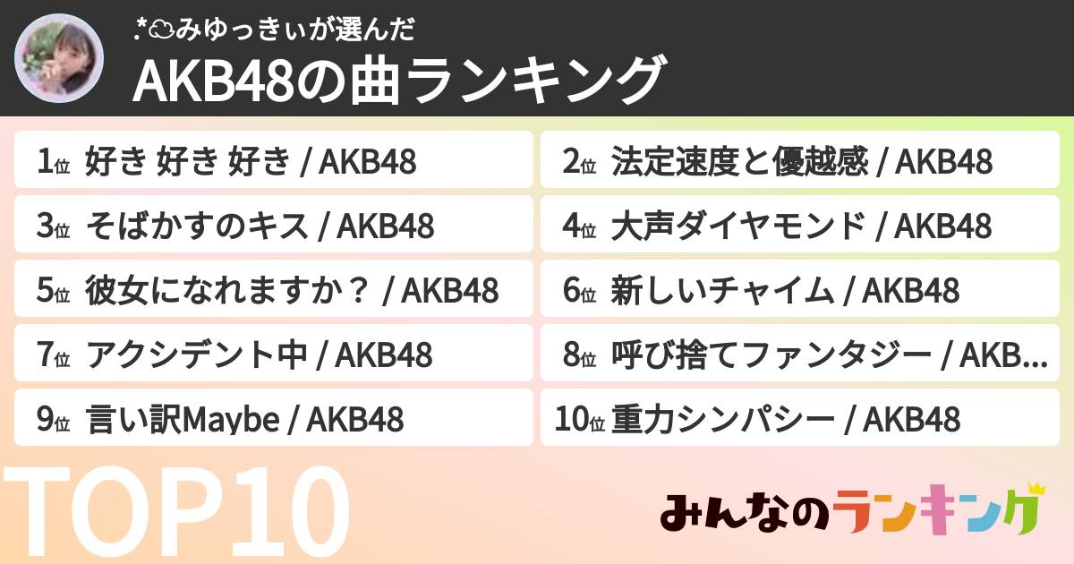 .*︎︎☁️みゆっきぃ︎さんの「AKB48の曲ランキング」