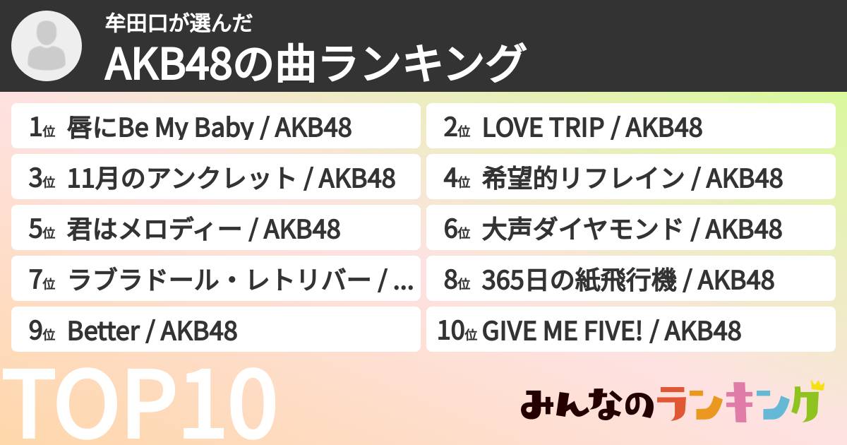 牟田口さんの「AKB48の曲ランキング」