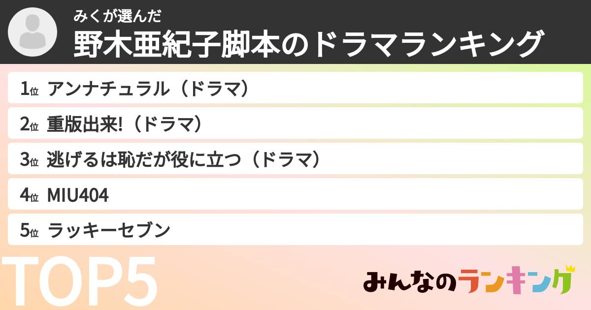 みくさんの「野木亜紀子脚本のドラマランキング」
