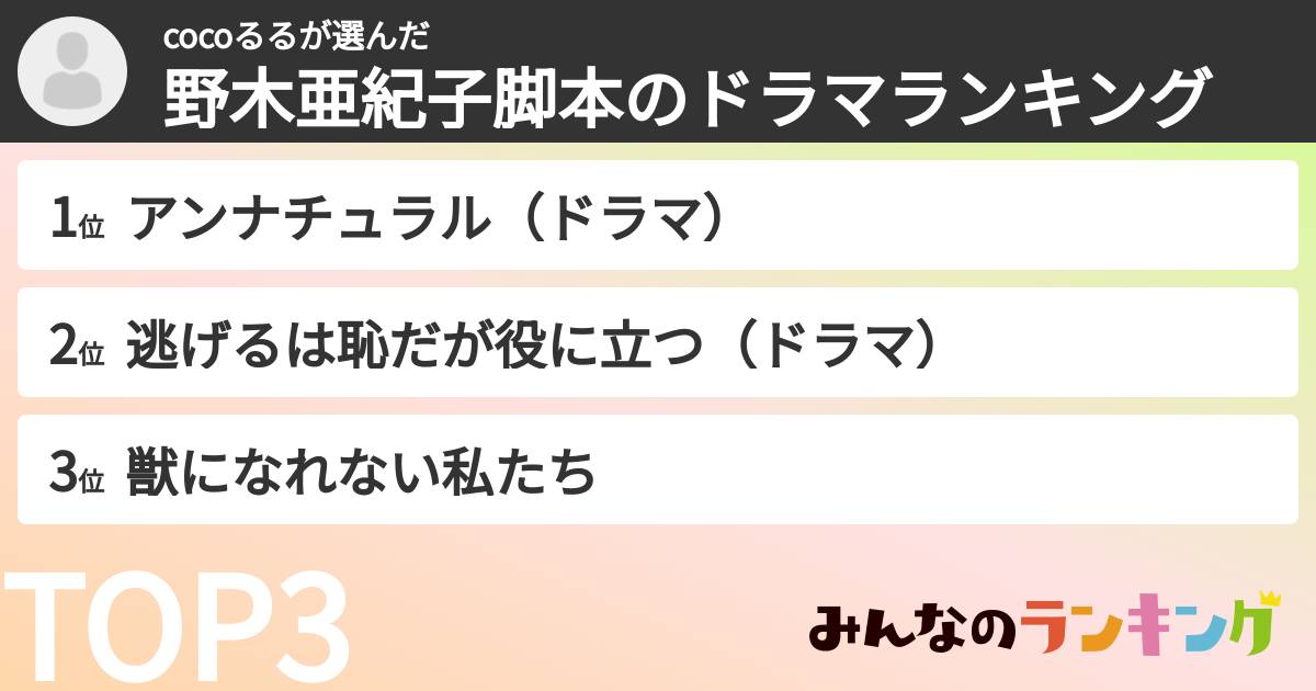 cocoるるさんの「野木亜紀子脚本のドラマランキング」