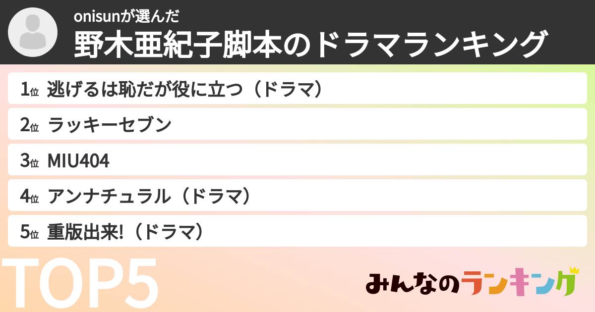 onisunさんの「野木亜紀子脚本のドラマランキング」