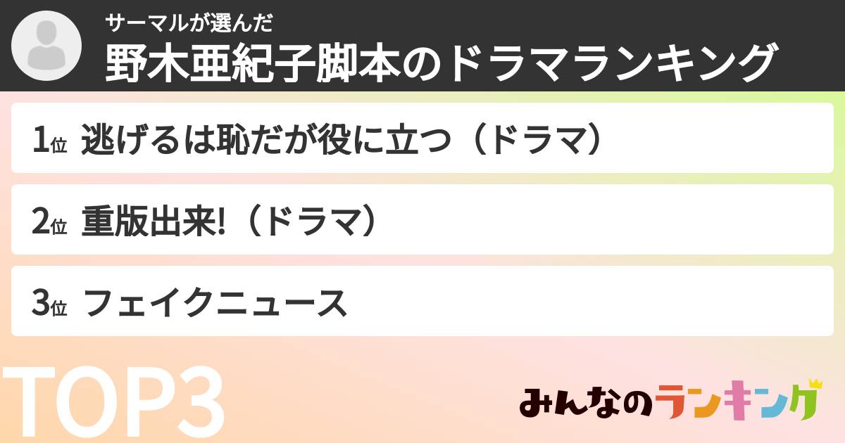 サーマルさんの「野木亜紀子脚本のドラマランキング」