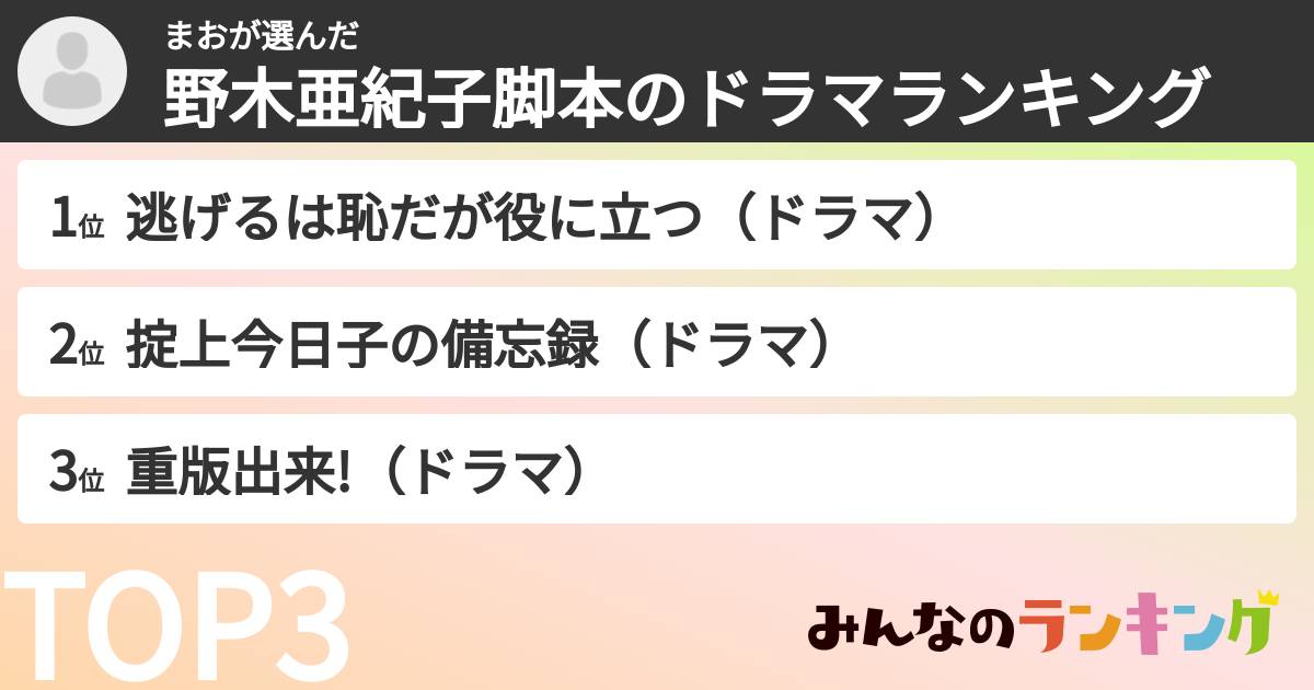 まおさんの「野木亜紀子脚本のドラマランキング」