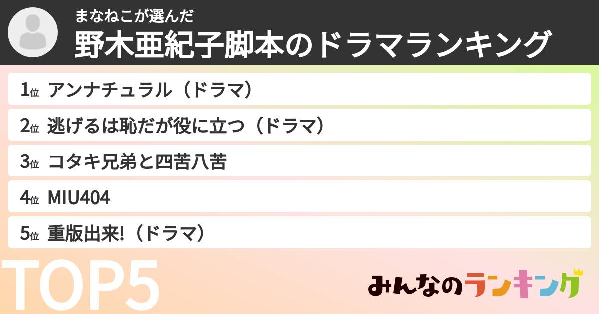 まなねこさんの「野木亜紀子脚本のドラマランキング」