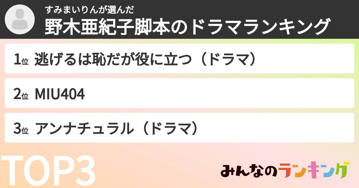 すみまいりんさんの「野木亜紀子脚本のドラマランキング」