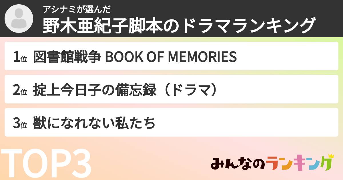 アシナミさんの「野木亜紀子脚本のドラマランキング」
