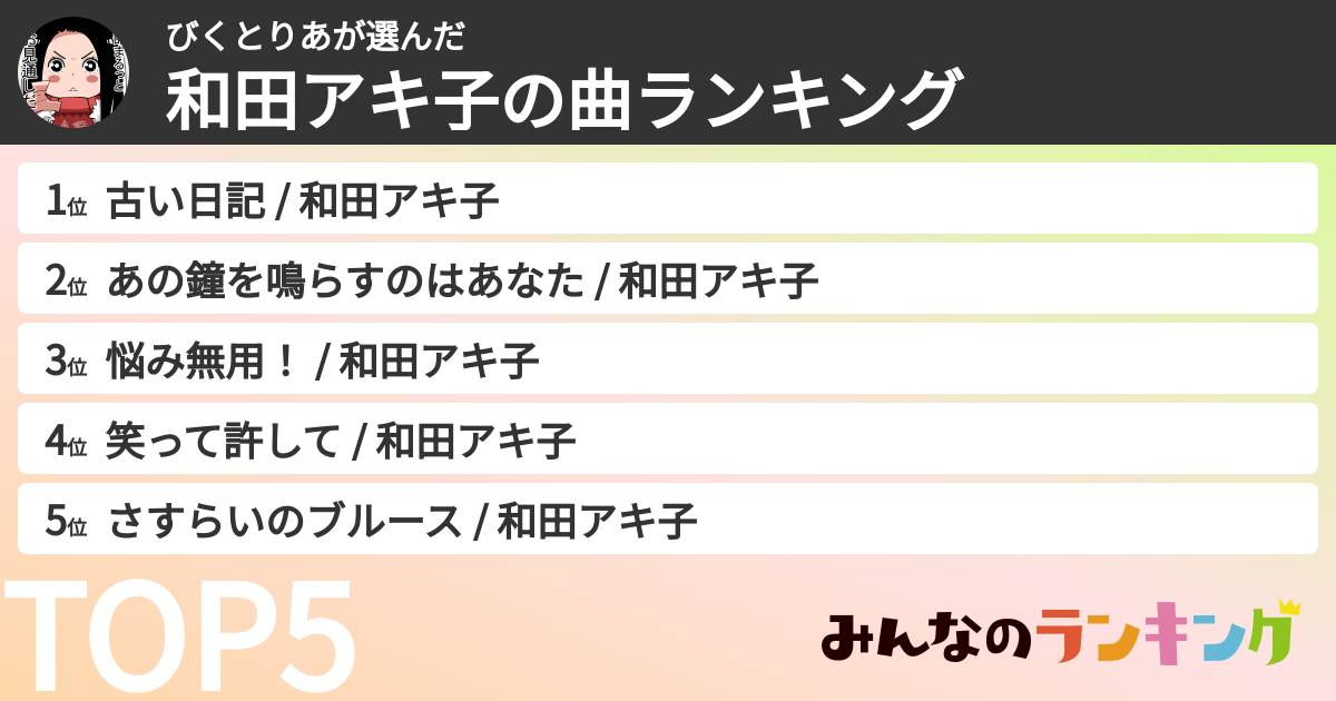 びくとりあさんの「和田アキ子の曲ランキング」