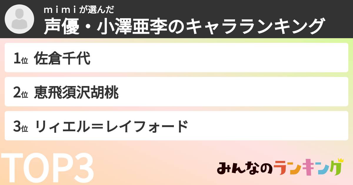 ｍｉｍｉさんの「声優・小澤亜李のキャラランキング」