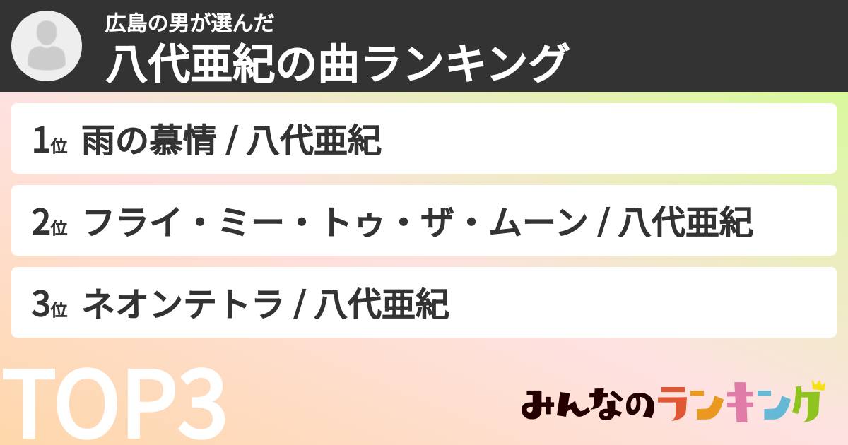 広島の男さんの「八代亜紀の曲ランキング」