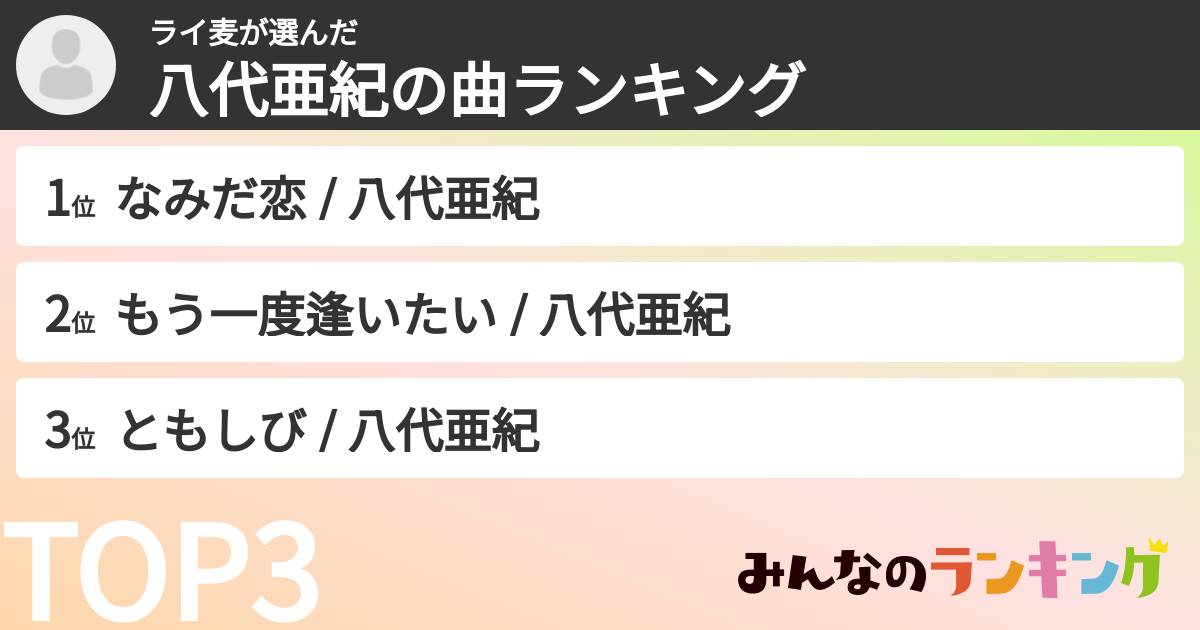 ライ麦さんの「八代亜紀の曲ランキング」