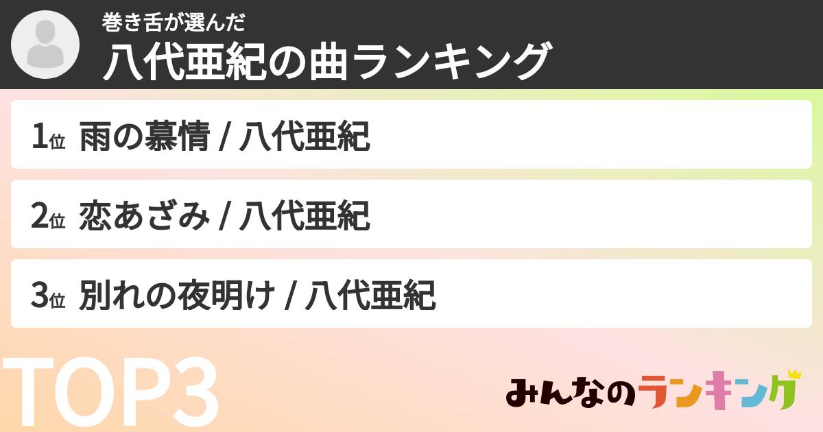 巻き舌さんの「八代亜紀の曲ランキング」