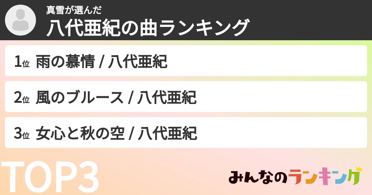 真雪さんの「八代亜紀の曲ランキング」