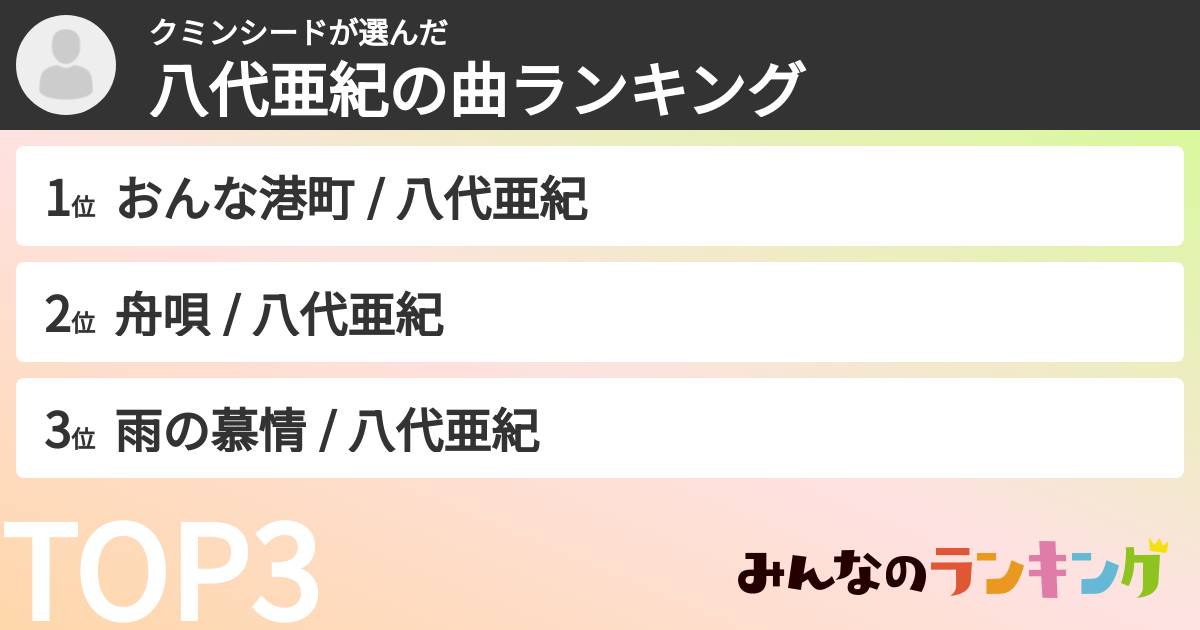 クミンシードさんの「八代亜紀の曲ランキング」