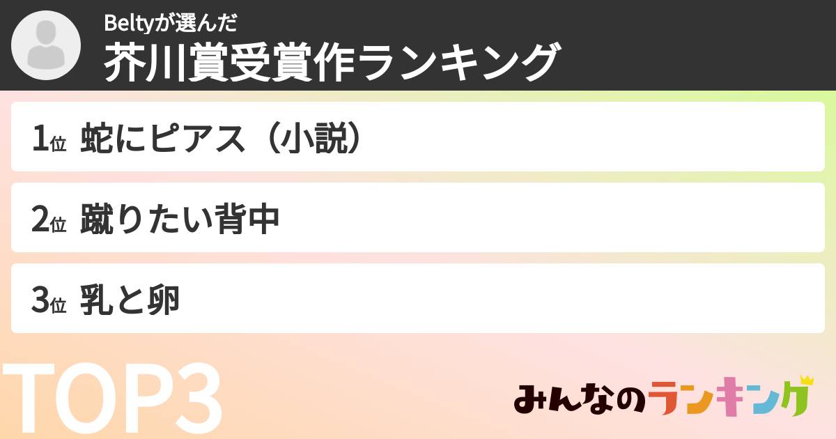 Beltyさんの「芥川賞受賞作ランキング」