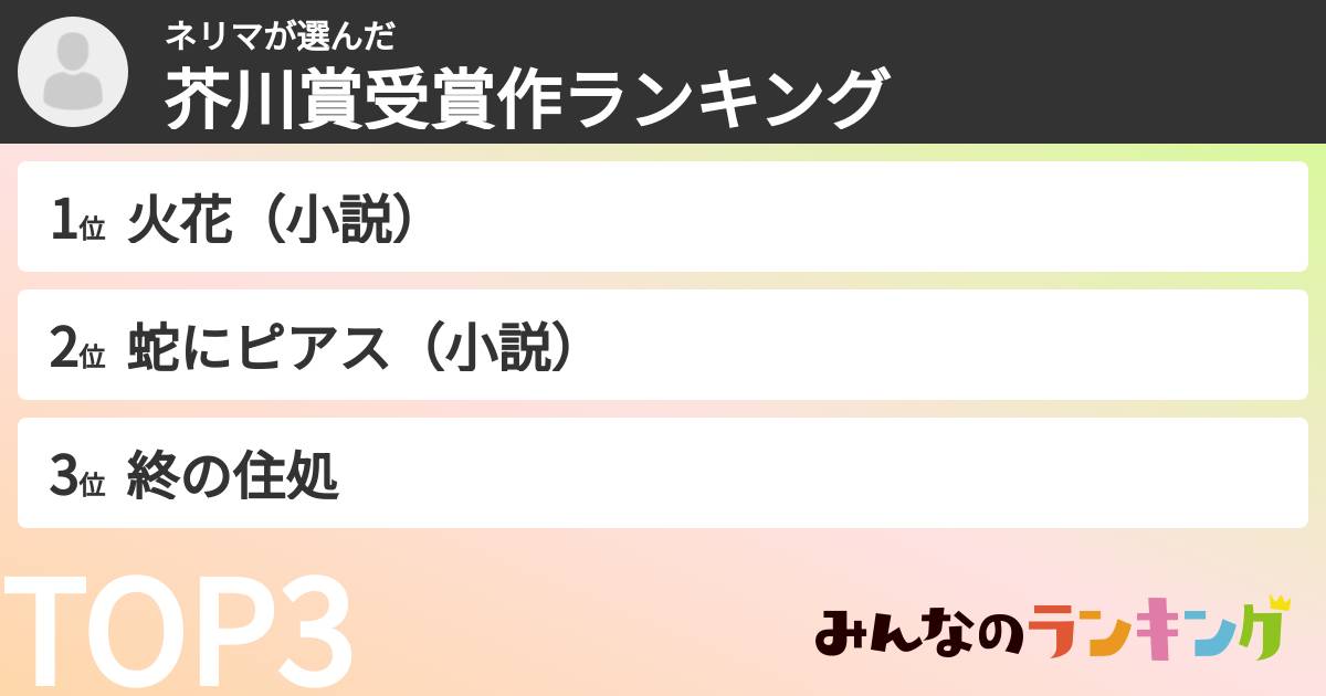 ネリマさんの「芥川賞受賞作ランキング」