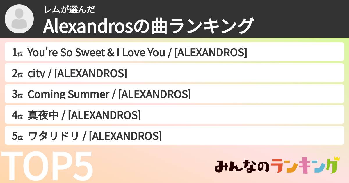 レムさんの「Alexandrosの曲ランキング」