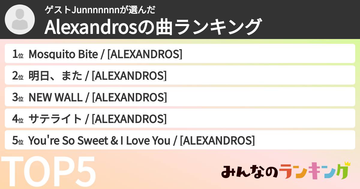 ゲストJunnnnnnnさんの「Alexandrosの曲ランキング」