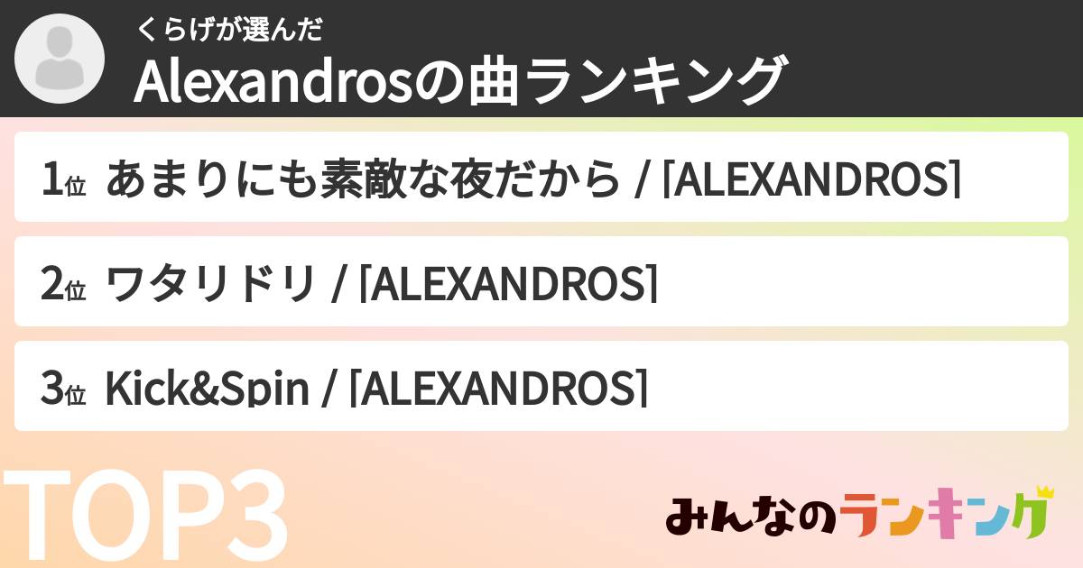 くらげさんの「Alexandrosの曲ランキング」