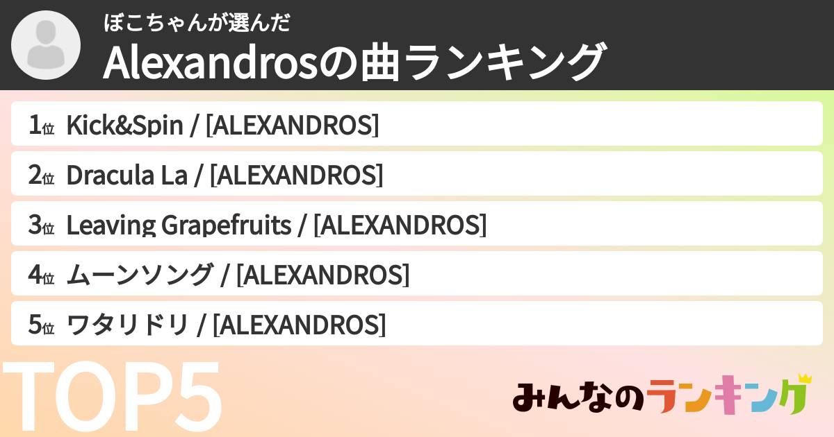 ぼこちゃんさんの「Alexandrosの曲ランキング」