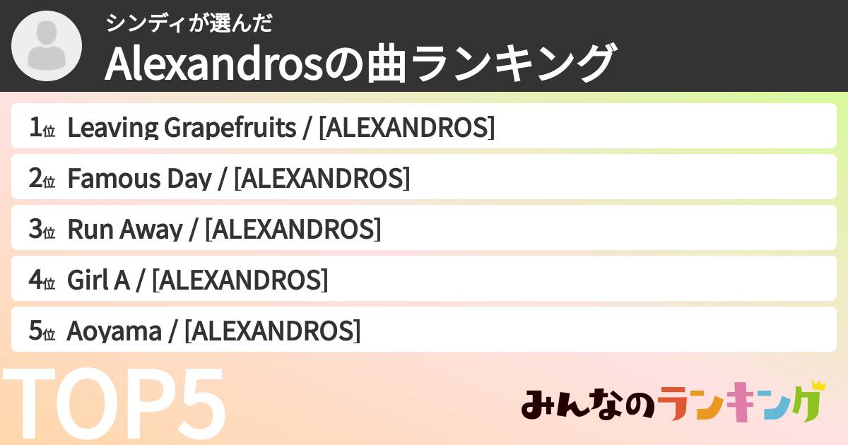 シンディさんの「Alexandrosの曲ランキング」