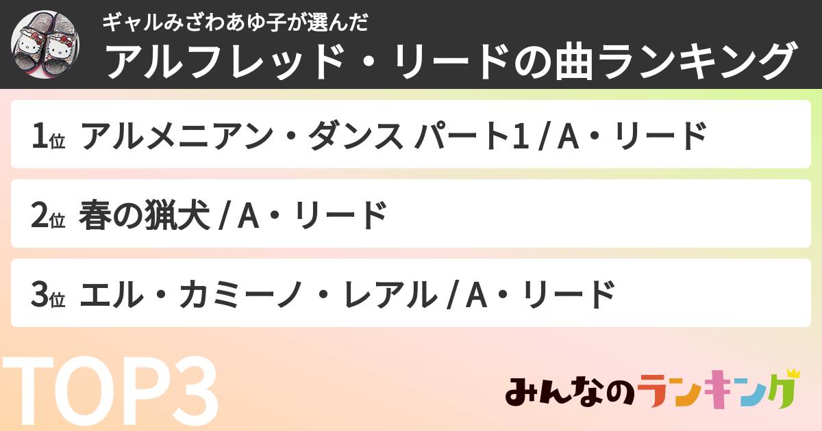 ギャルみざわあゆ子さんの「アルフレッド・リードの曲ランキング」