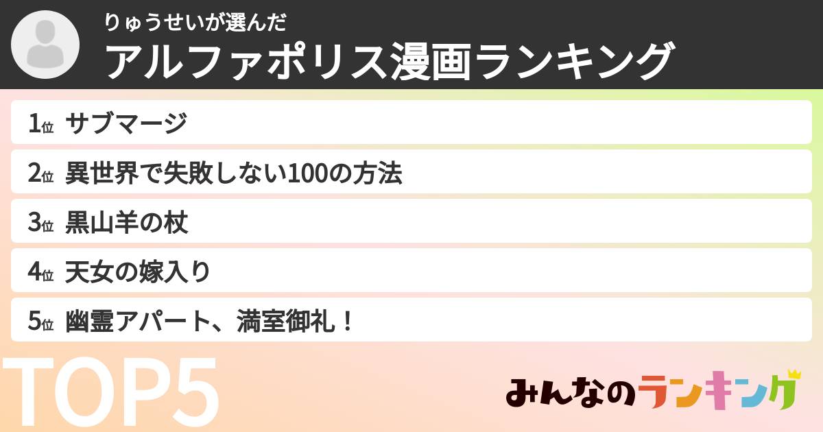 りゅうせいさんの「アルファポリス漫画ランキング」