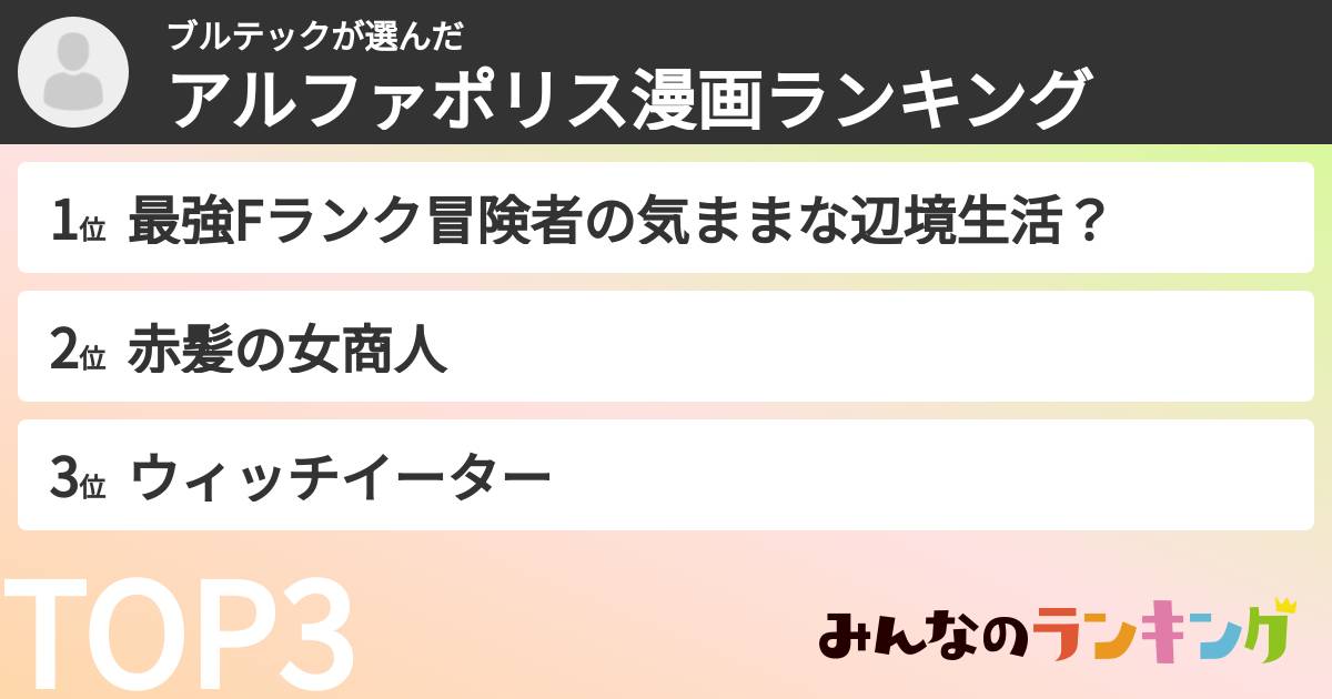 ブルテックさんの「アルファポリス漫画ランキング」