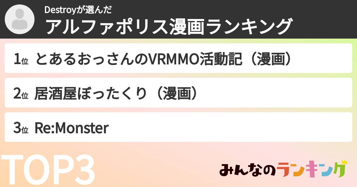 Destroyさんの「アルファポリス漫画ランキング」