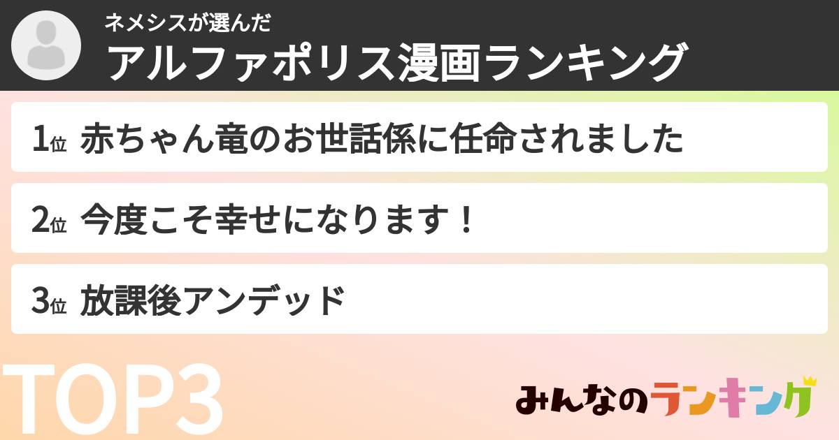 ネメシスさんの「アルファポリス漫画ランキング」