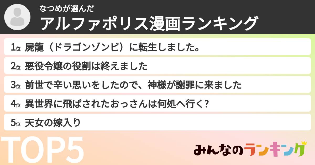 なつめさんの「アルファポリス漫画ランキング」