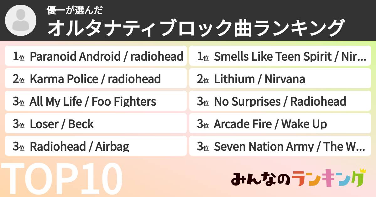 優一さんの「オルタナティブロック曲ランキング」