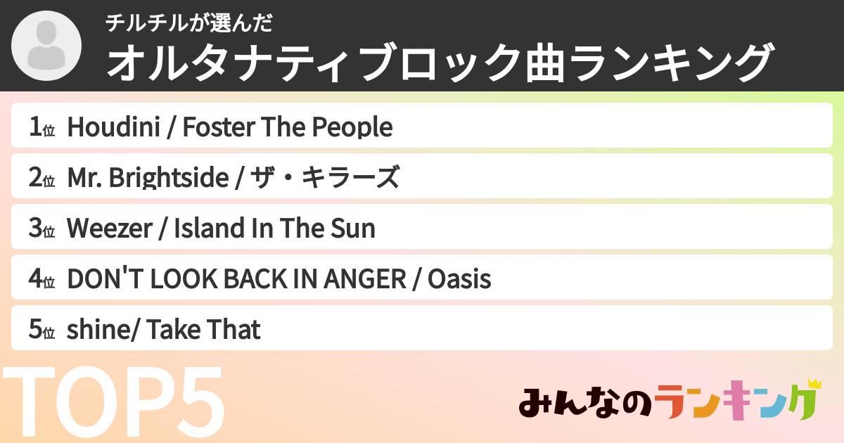 チルチルさんの「オルタナティブロック曲ランキング」