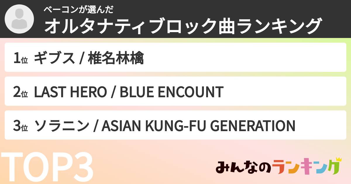 ベーコンさんの「オルタナティブロック曲ランキング」