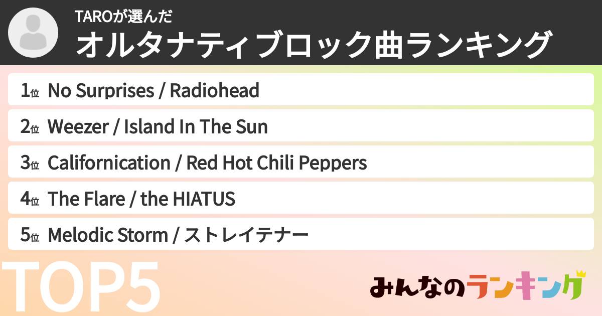TAROさんの「オルタナティブロック曲ランキング」