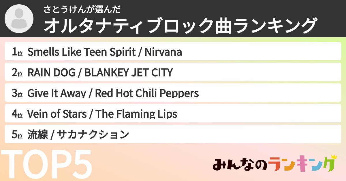 さとうけんさんの「オルタナティブロック曲ランキング」
