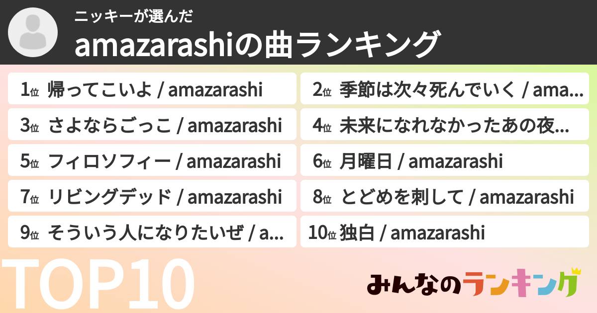 ニッキーさんの「amazarashiの曲ランキング」