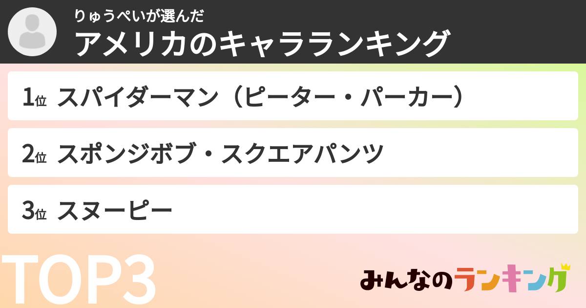 りゅうぺいさんの「アメリカのキャラランキング」