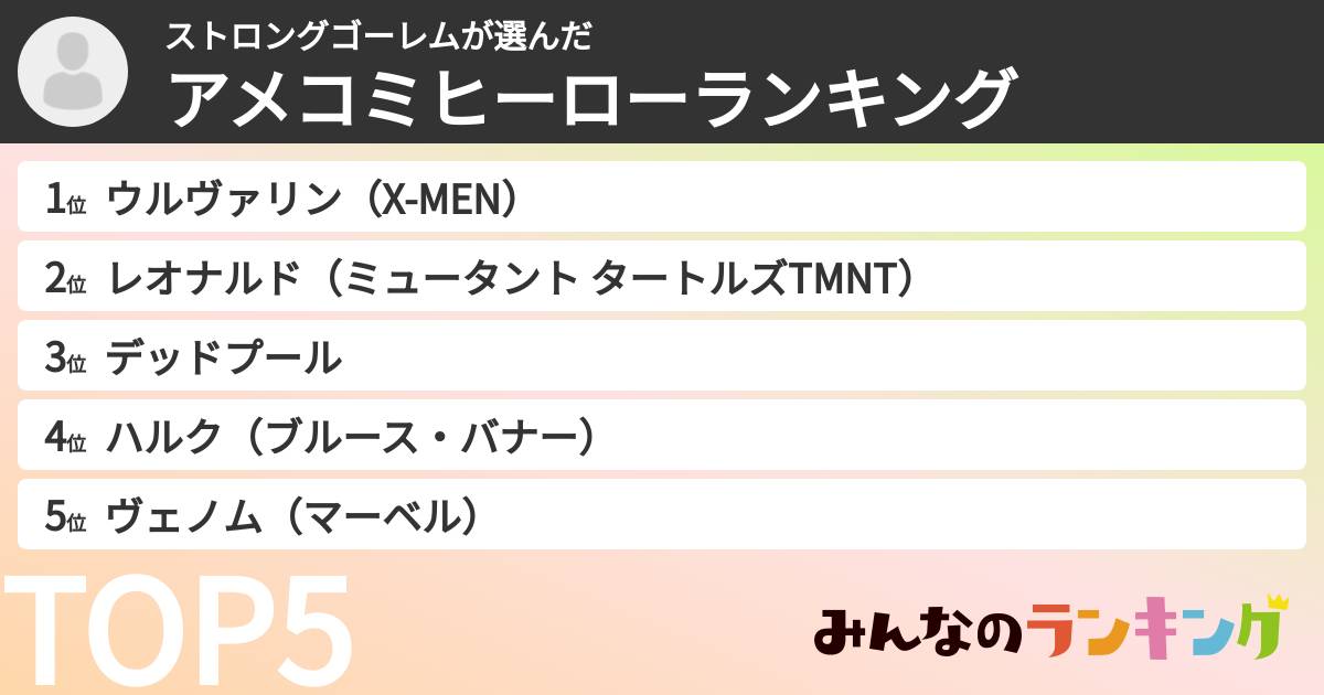 ストロングゴーレムさんの「アメコミヒーローランキング」