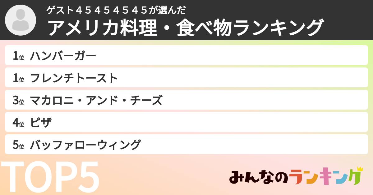 ゲスト４５４５４５４５さんの「アメリカ料理・食べ物ランキング」