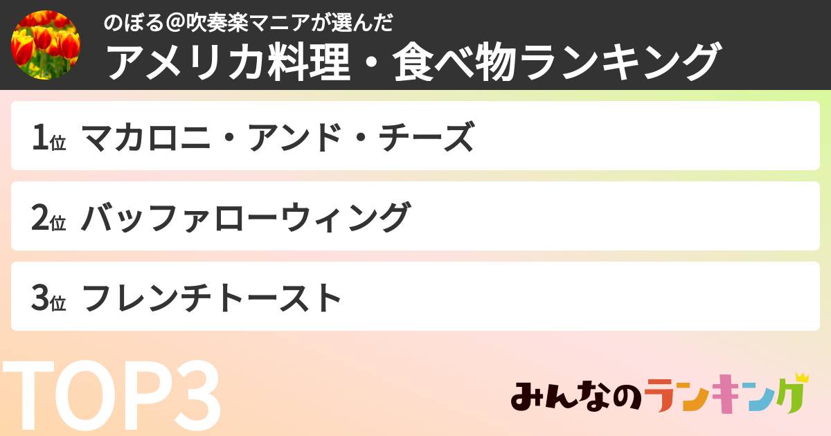 のぼる＠吹奏楽マニアさんの「アメリカ料理・食べ物ランキング」